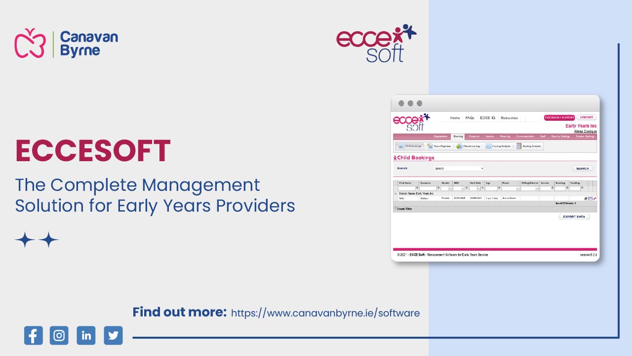 ECCEsoft Early Years Management Software interface showcasing features like room registers and booking management.